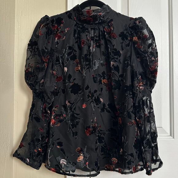 Black Floral Velvet Burnout Sheer Mock Neck Blouse Top - Picture 3 of 9